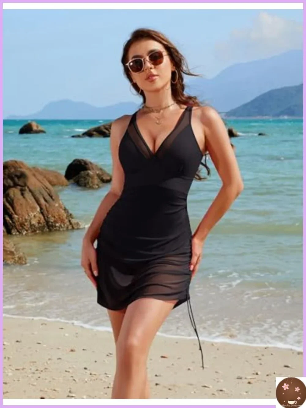 Women One Piece Swim Dress Tummy Control Mesh Sheer Sarong Wrap Bathing Suit